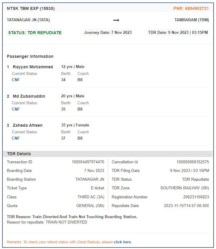 imMZK07's tweet photo. @RailMinIndia Refund Help Needed Booked Train 15930 TATA to TBM on 7 Oct, sudden change due to an SMS from @IRCTCofficial, booked an alternative. Now, #IRCTC repudiates my TDR status, citing "train not diverted." Seeking prompt resolution! #RefundIssue PNRs 6854902721, 6626446698 https://t.co/hDxNqgF3r2