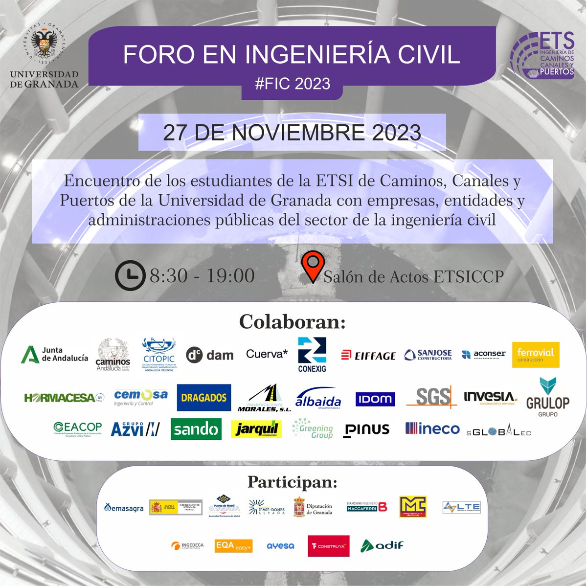 hormacesa's tweet photo. El próximo 27 de noviembre, @hormacesa  estará presente en el Foro de Ingeniería Civil #FIC2023 organizado por @ETSCaminosUGR Universidad de Granada  para participar en la sesión de empresas constructoras https://t.co/siLQ97g6RN