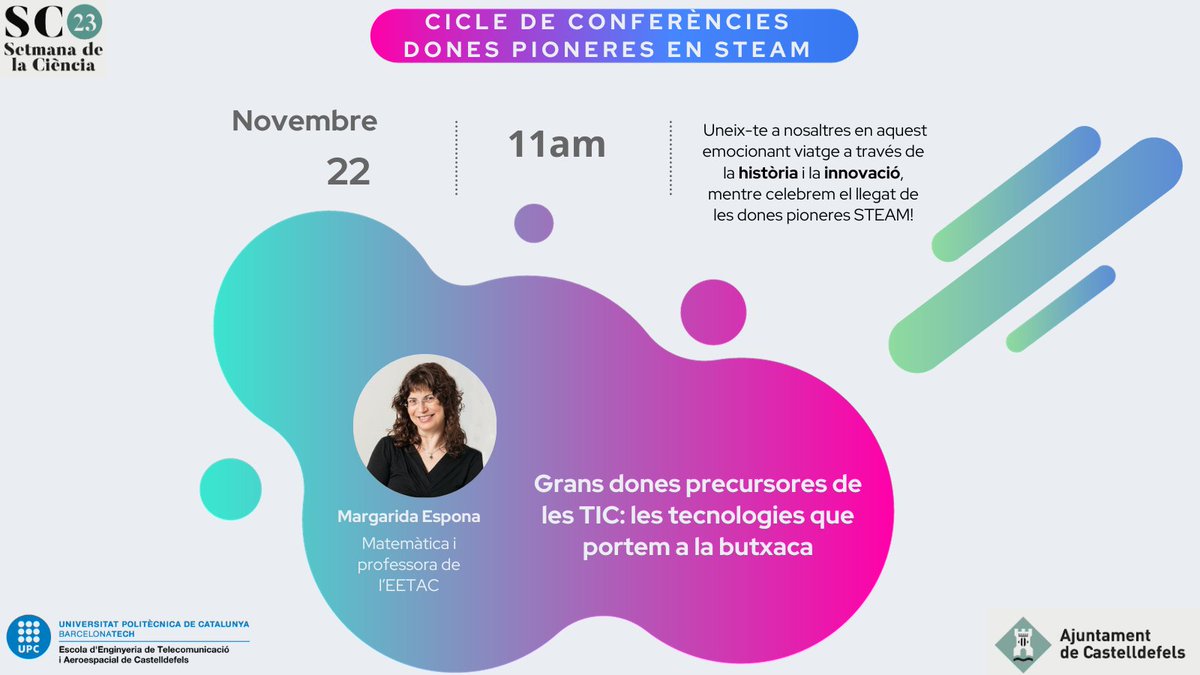 EETAC-UPC (@eetac_upc) on Twitter photo No et perdis 𝗔𝘃𝘂𝗶 la 2a xerrada del 𝗖𝗶𝗰𝗹𝗲 𝗱𝗲 𝗰𝗼𝗻𝗳𝗲𝗿𝗲̀𝗻𝗰𝗶𝗲𝘀 𝗗𝗼𝗻𝗲𝘀 𝗣𝗶𝗼𝗻𝗲𝗿𝗲𝘀 𝗲𝗻 𝗦𝗧𝗘𝗔𝗠 a càrrec de la Dra. Margarida Espona: Grans dones precursores de les TIC
👉Directe: youtube.com/watch?v=pyXbi4…
<a href="/la_UPC/">Universitat Politècnica de Catalunya (UPC)</a> <a href="/margaridaespona/">Margarida Espona</a>
#DonesSTEAM #SC23 No et perdis 𝗔𝘃𝘂𝗶 la 2a xerrada del 𝗖𝗶𝗰𝗹𝗲 𝗱𝗲 𝗰𝗼𝗻𝗳𝗲𝗿𝗲̀𝗻𝗰𝗶𝗲𝘀 𝗗𝗼𝗻𝗲𝘀 𝗣𝗶𝗼𝗻𝗲𝗿𝗲𝘀 𝗲𝗻 𝗦𝗧𝗘𝗔𝗠 a càrrec de la Dra. Margarida Espona: Grans dones precursores de les TIC
👉Directe: youtube.com/watch?v=pyXbi4…
<a href="/la_UPC/">Universitat Politècnica de Catalunya (UPC)</a> <a href="/margaridaespona/">Margarida Espona</a>
#DonesSTEAM #SC23