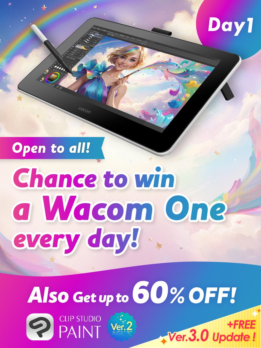 One person will win a Wacom One every day! Just follow & repost this post to enter. Open to all! Plus, get up to 60% off on Clip Studio Paint! Ends November 28, 2023, 8:00 a.m. UTC/GMT. Details: clipstudio.net/promotion/give…