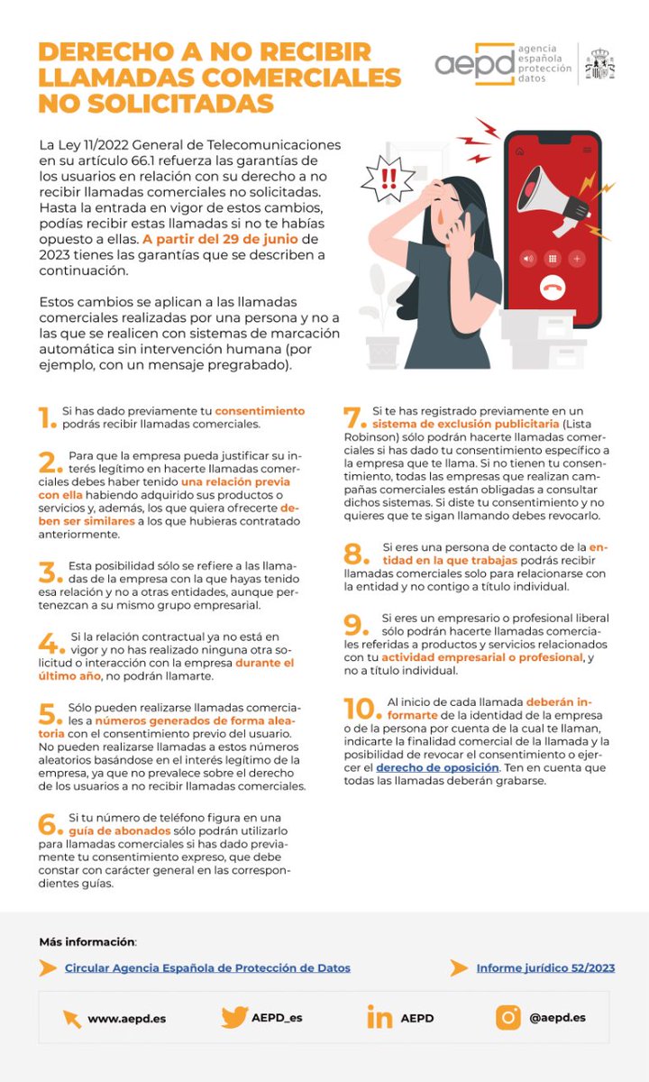 📞❌ Derecho a no recibir llamadas comerciales no solicitadas.

Estos 10 cambios de la normativa se aplican a las llamadas realizadas por una persona y no a las que se realicen con sistemas de marcación automática sin intervención humana. 👇