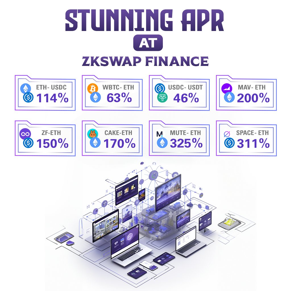 🍟 Strong $ZF + High capital efficiency offer remarkable APRs to liquidity pools:

1️⃣ ETH-USDC: 114% 🔥
2️⃣ WBTC/ETH: 63% 🔥
3️⃣ ZF-ETH: 150% 
4️⃣ USDC-USDT: 46% 
5️⃣ MAV-ETH: 200% 
6️⃣ CAKE-ETH: 170% 
7️⃣ MUTE-ETH: 325% 
8️⃣ SPACE-ETH: 311%

Start earning 👉 zkswap.finance