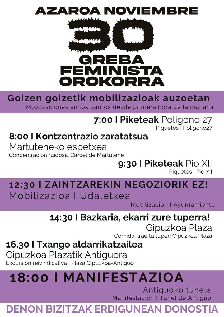 🟣 #Azaroak30 EGITARAUA ‼️

Kontuan izan 👀 ekintza BATERATUAK ‼️🔥 egunaren zati bat direla eta bestea AUZOKA egun osoan zehar egingo diren ekintzak 👊🏽💥🦾

Goizean goizeko ekintzen eta piketeen inguruko xehetasunak zure auzoan galdetu 😉 hori ez baita publiko egingo ✊🏽✊🏼✊🏾🔥