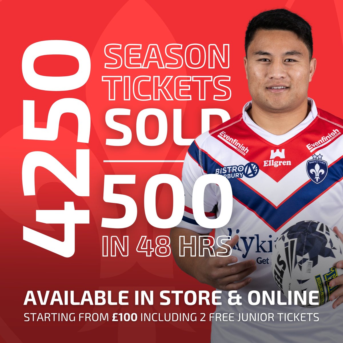 We've hit a fantastic 4,250 Season Tickets, with a staggering 500 snapped up in less than 48 hours! Your passion is the heartbeat of our club, let's have an unforgettable 2024 season!

Don't miss out on the hottest tickets in Wakefield, secure yours now at season-tickets.wakefieldtrinity.com