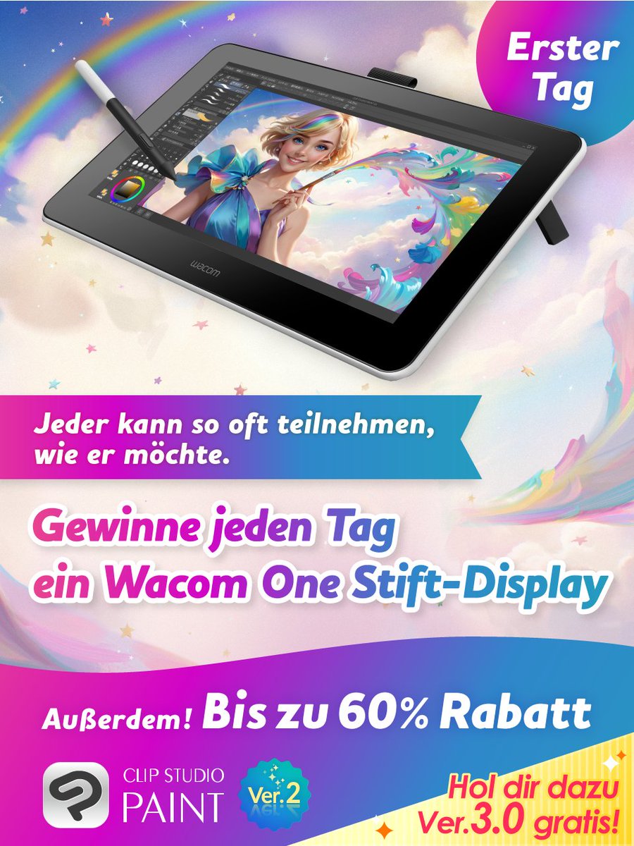 Jeden Tag ein Wacom One gewinnen! Folge und reposte diesen Beitrag um teilzunehmen. Mehrfachteilnahme möglich. Außerdem gibt es bis 28. November um 9:00 Uhr (MEZ) bis zu 60% Rabatt auf CLIP STUDIO PAINT! Mehr Infos: clipstudio.net/promotion/give…