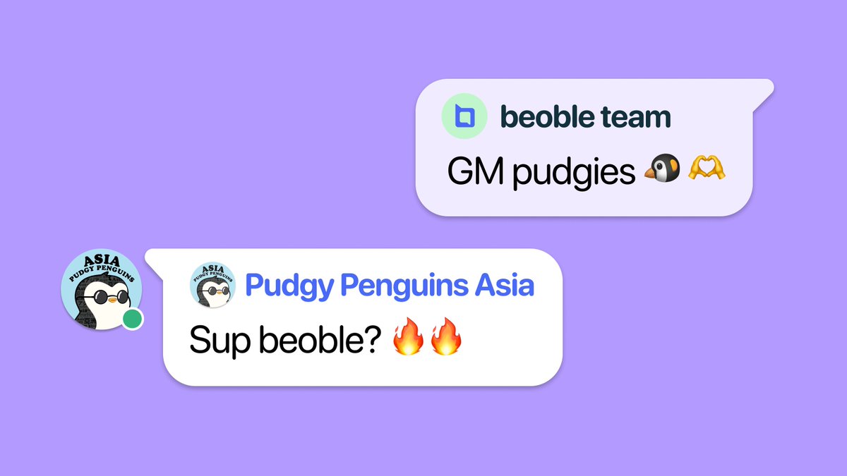 We 🩵 pudgies
So happy to be partnering with our favorite birdies <a href="/PudgyAsia/">Pudgy Asia🐧</a>, community of <a href="/pudgypenguins/">Pudgy Penguins</a>! 
We'll always save a spot for your huddle <a href="/beoble_official/">beoble</a>