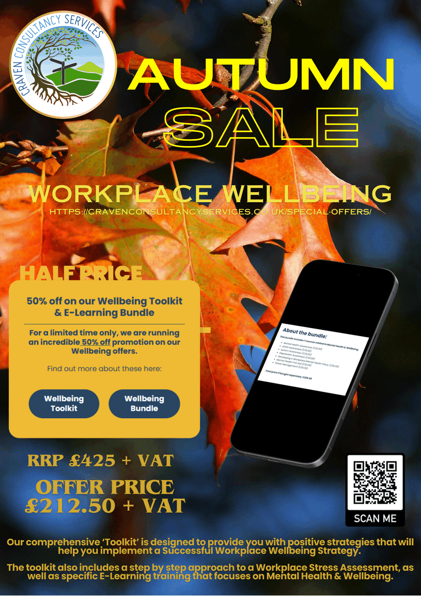 CCSEmbsay's tweet photo. Just over 1 week left of our Autumn Offer ⏰
A massive 50% off our Wellbeing Toolkit and E-Learning Bundle 💥
This is one offer you don't want to miss out on 
#AutumnOffer #WellbeingToolkit #ELearningBundle #Discount https://t.co/GuZAbTfsbM