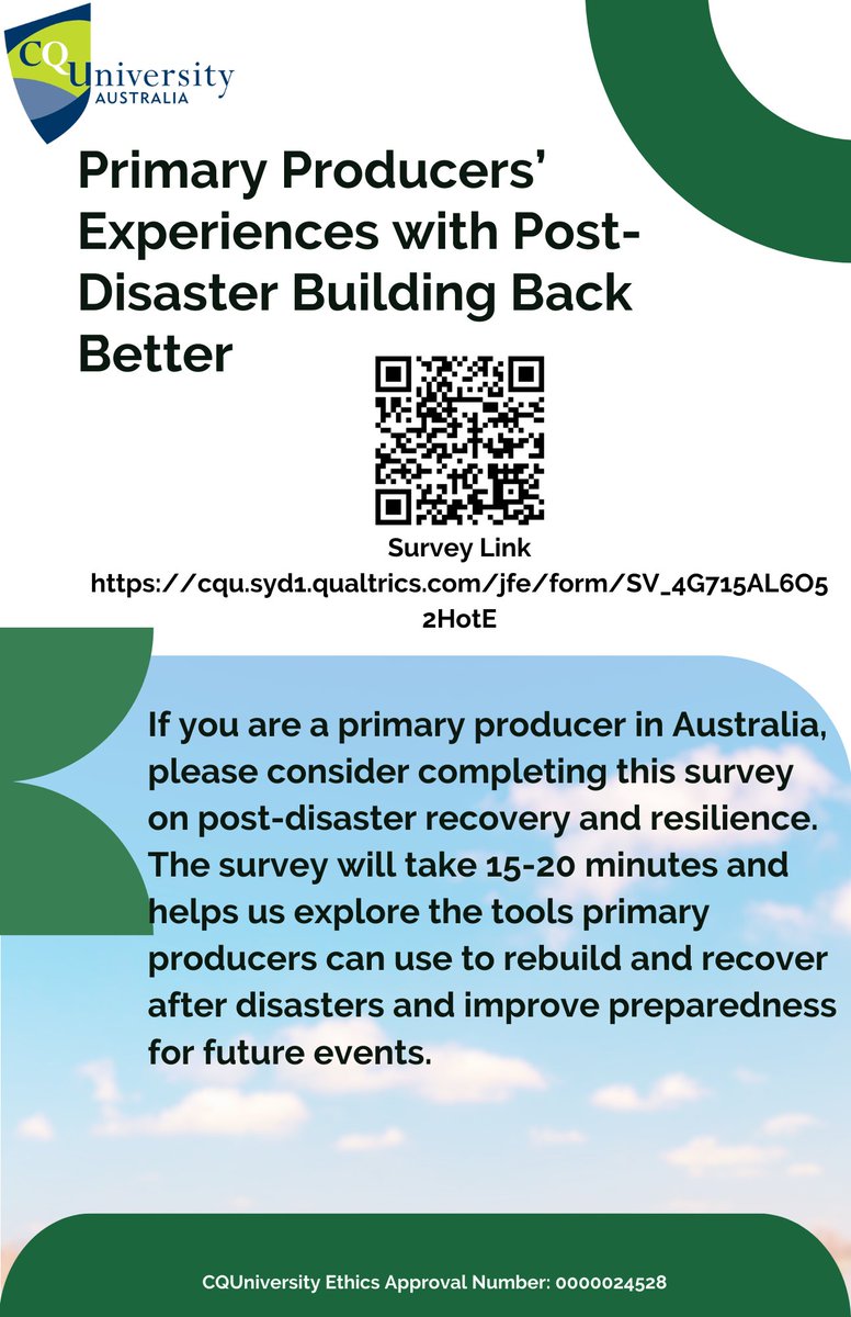 If you are a primary producer in Australia, please consider completing this survey on post-disaster recovery&amp; resilience. The survey will take 15-20 minutes cqu.syd1.qualtrics.com/jfe/form/SV_4G…