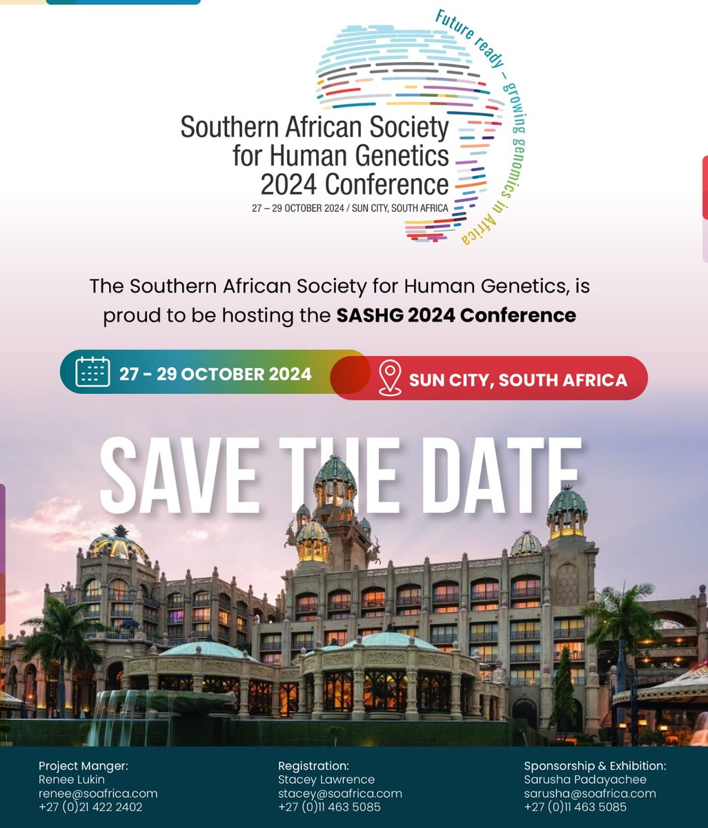 SAHumanGenetics's tweet photo. SASHG is proud to announce the venue for the #SASHG2024Conference! We will be hosted by Sun City.  Make sure to slot the dates into to diary and be on the lookout for the abstract and registration details! 

#SASHG  #sashg2024 #SASHG2024Conference  #genetics #humangenetic https://t.co/svgXP0Z6cU