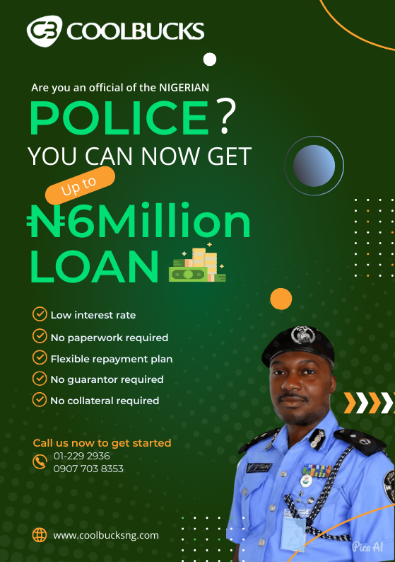 coolbucksng's tweet photo. GREAT NEWS to all the officials of the #NigerianPoliceForce

You can now get a special loan offer of up to N6Million in no time.
📌 Low interest rate
📌 No guarantor or collateral required
📌 Little or no paper work

To get started, contact us on 01-229 2936 https://t.co/3SB0wVZRRS