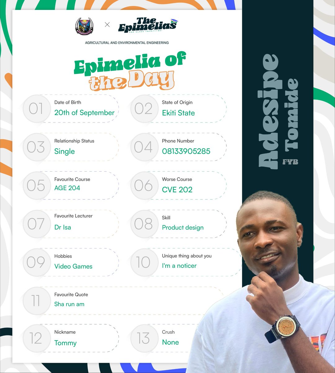 TheEpimelias's tweet photo. Meet Adesipe Tomide😊
Shipe as he is popularly called is very friendly and approachable with a cheerful attitude.
He is a product designer, and he turns everyday objects into whimsical wonders that make you wonder, "Why didn't I think of that?"
The Epimelia of the Day 💚
#AGE22 https://t.co/mzY7enLxjI
