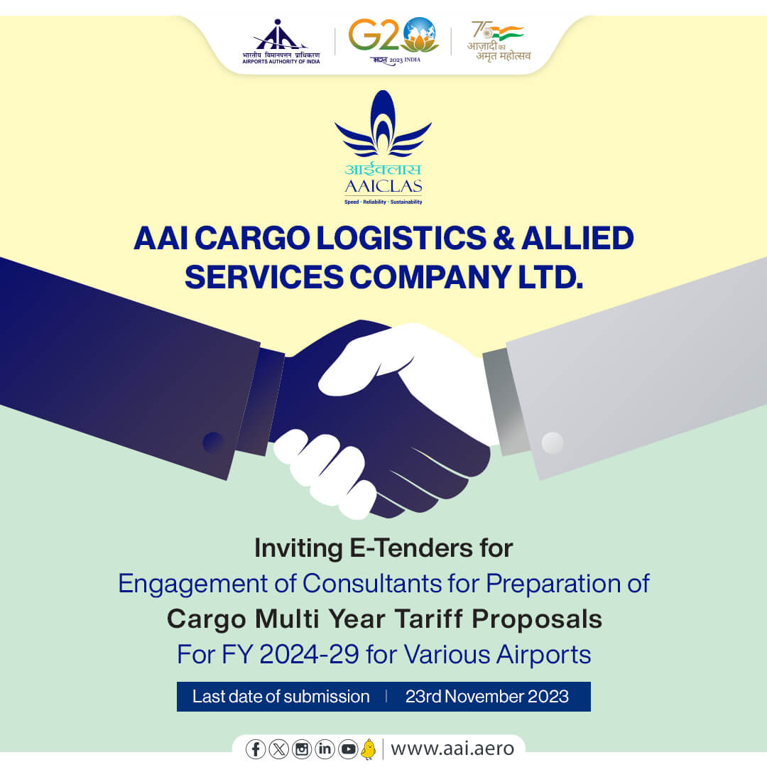 Airports Authority of India (@aai_official) on Twitter photo AAI’s <a href="/AAICLAS_in/">AAI Cargo Logistics and Allied Services</a> inviting tender for Engagement of Consultants for Preparation of Cargo Multi-Year Tariff Proposals. The last date for bid submission is 23rd Nov’23. AAI’s <a href="/AAICLAS_in/">AAI Cargo Logistics and Allied Services</a> inviting tender for Engagement of Consultants for Preparation of Cargo Multi-Year Tariff Proposals. The last date for bid submission is 23rd Nov’23.