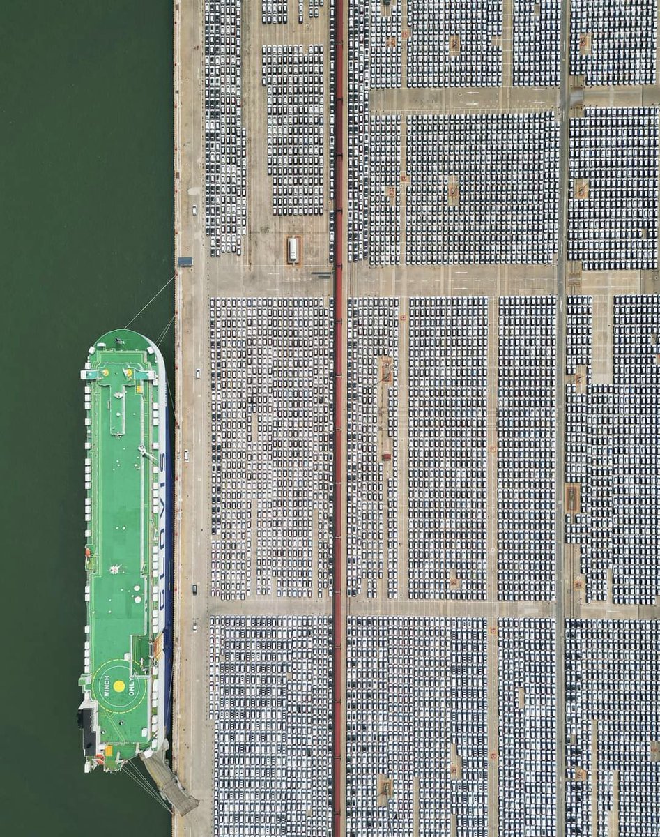 Who’s the world’s #1 automobile exporter? Nope, not Japan or Germany. It’s China. Chinese auto exports have already reached 4 million so far this year. And one-fourth of them are electric cars! (Below: Picture of cars waiting to be exported at a port in China)