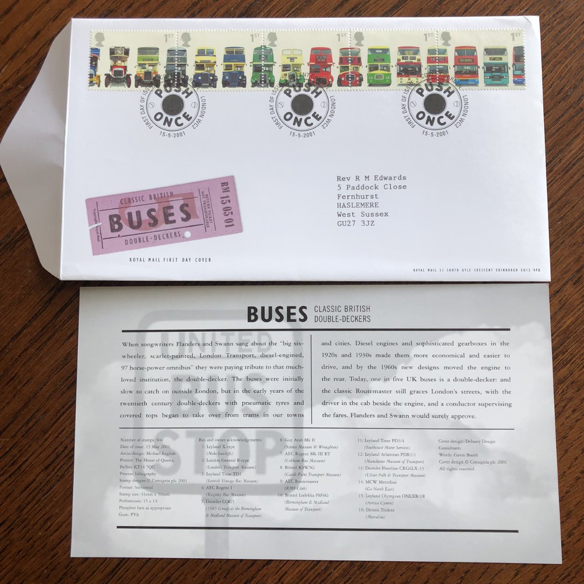 2001 Buses Stamp Pack, Stamp Set, Mini Stamp Sheet, & First Day Cover. #buses #londonbuses #leylandbus #leylandbuses #bristollodekka #aecregent #daimler #daimlerbuses #stampcollectors #collectingstamps #stampcollections #doubledeckers #fdc #firstdaycovers