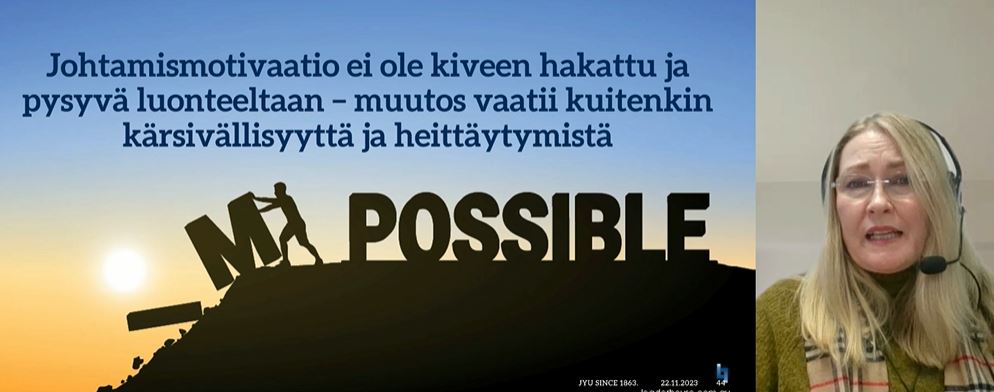 Taru Feldt <a href="/uniofjyvaskyla/">University of Jyväskylä</a> kertoo webinaarissamme johtamismotivaation yhteydestä johtajan hyvinvointiin. Johtamismotivaatio on johtajan oman hyvinvoinnin voimavara, siihen kannattaa kiinnittää huomiota. #ParempaaTyöelämää