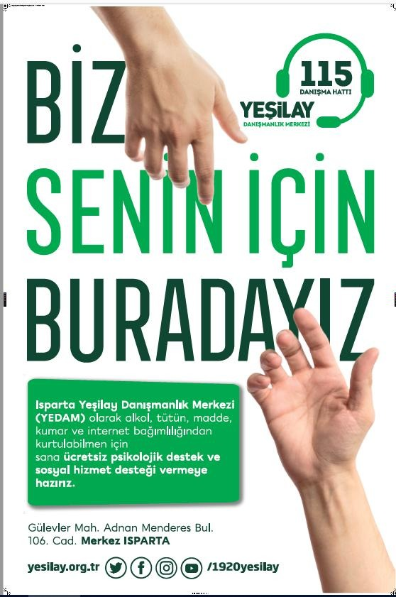 Yeşilay Danışmanlık Merkezi Isparta'da tamamı bağımlılık alanında uzman psikologlardan oluşan ekibi  bağımlılıkları hayatınızdan çıkarmak için yardımcı olmaktadır.
🔗gönen.bel.tr/bagimliliklari…