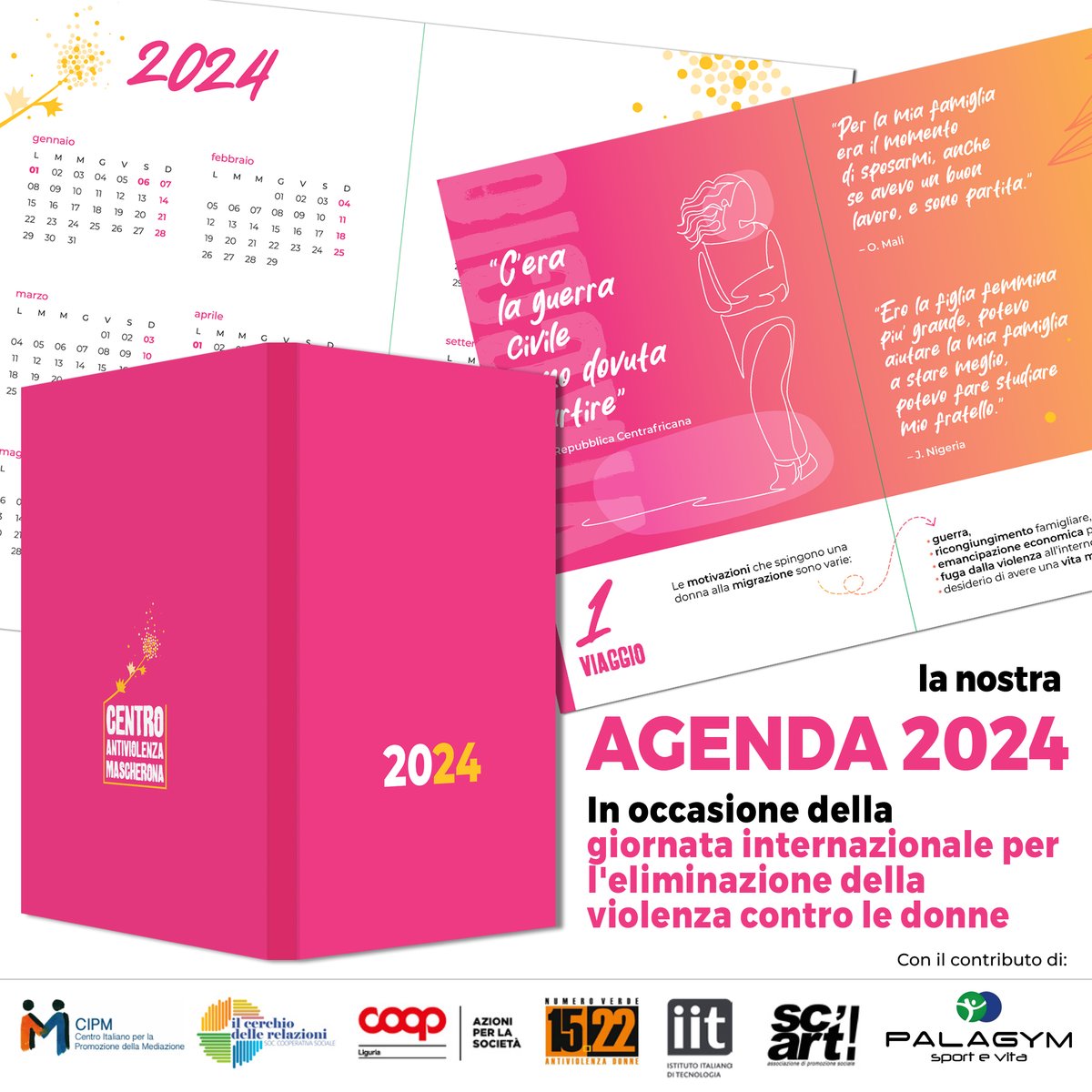 ▼
Anche quest’anno in occasione del 25 novembre  giornata internazionale per l'eliminazione della violenza contro le donne vi presentiamo la nostra Agenda 2024!!!!
L'agenda sarà distribuita presso il nostro Centro Antiviolenza Mascherona in Piazza Colombo 3/7 Genova