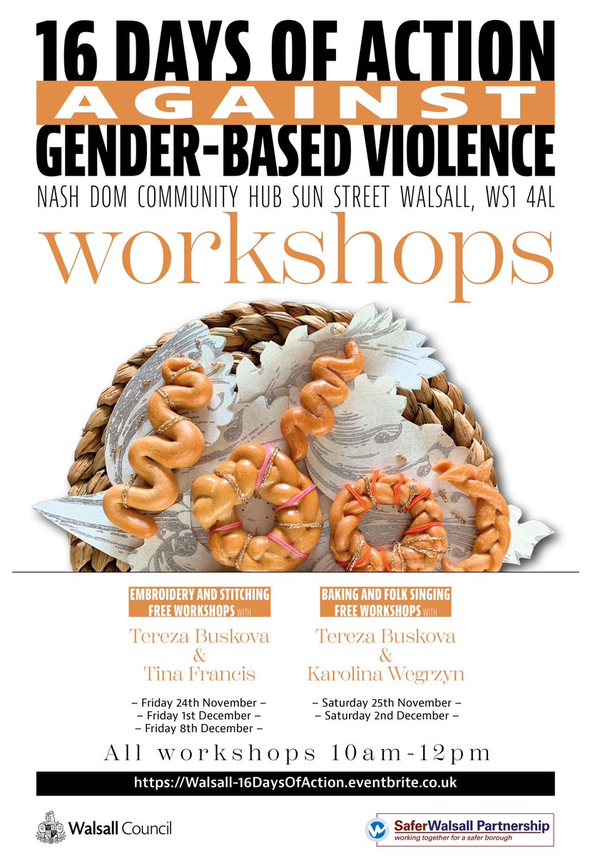 To beautiful women of Walsall 🧡 join us for a series of free workshops starting this Friday for this year’s #16daysofaction - International campaign against Gender-Based Violence. Baked embroidery with <a href="/byTinaFrancis/">Tina Francis</a> , folk singing with <a href="/KarolinaWegrzy2/">Karolina Antonina</a> 
eventbrite.co.uk/e/workshops-16…