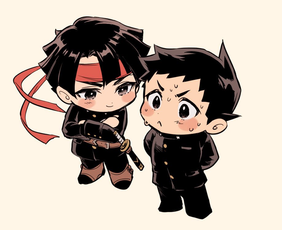 multiple boys 2boys headband male focus black hair gakuran chibi  illustration images