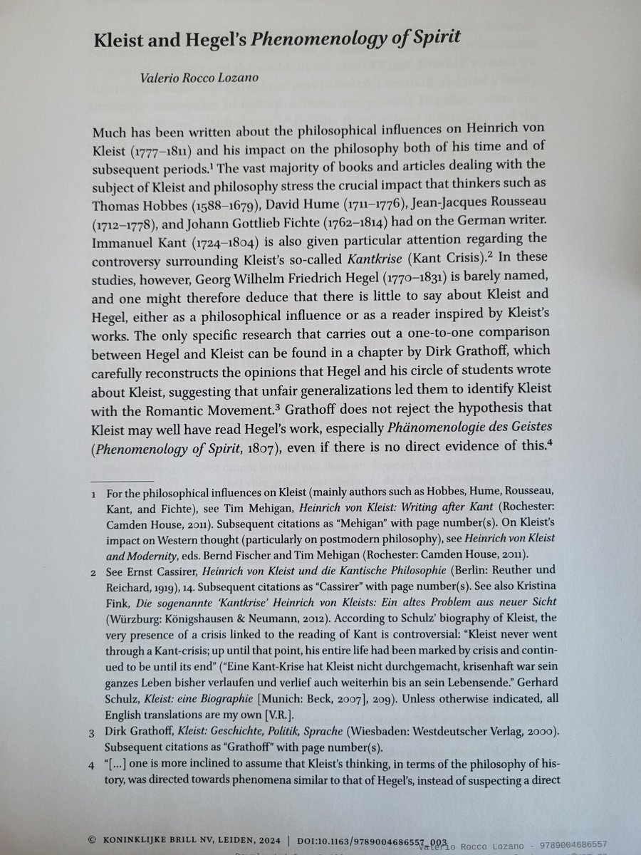 Estoy muy contento porque hoy se ha publicado online en @BrillPublishing (¡y mañana sale en papel!) el magnífico libro "Heinrich Von Kleist. Artistic and Aesthetic Legacies", en el que participo con el capítulo sobre Kleist y la Fenomenología del Espíritu de Hegel.