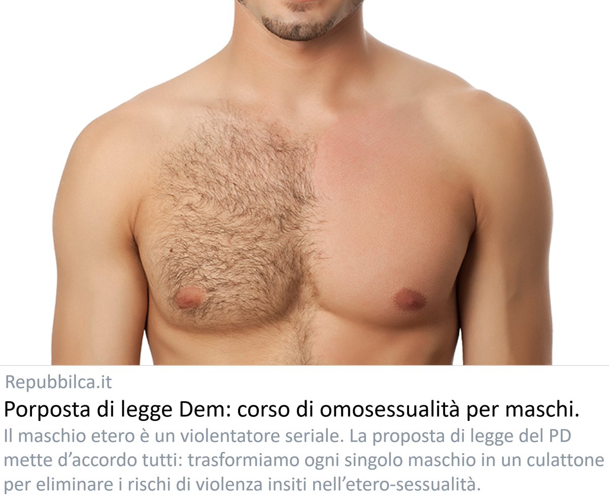 repubbilca's tweet image. Lodevole proposta del PD. Un corso obbligatorio di omosessualità per ogni maschio etero. La Scienza unanime loda l'iniziativa: il maschio etero è un pericoloso violentatore seriale, urge trasformalo in un innocuo femminiello progressista. 
[di Rossano Sfondato]