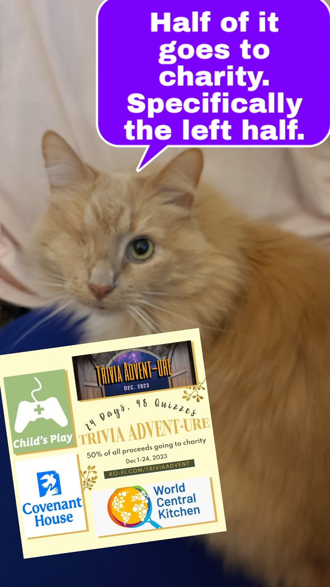 gravitytester's tweet image. Smba has a reminder for you on #BlackoutWednesday : there&apos;s still time to pick up the Trivia Advent-ure trivia advent calendar! ko-fi.com/triviaadvent  #advent #childsplaycharity #covenanthouse #wck #worldcentralkitchen #CatsOfTwitter #smba