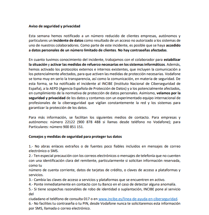 guardiacivil's tweet photo. ⚠️#AVISO‼️ Detectado un acceso no autorizado a los sistemas de un colaborador de #Vodafone que compromete datos personales y bancarios de un número limitado de clientes.

La empresa les ha remitido un SMS informativo con recomendaciones de #seguridad👇

ℹ️https://t.co/9PpjvcLR0M https://t.co/2IOoVJuxor