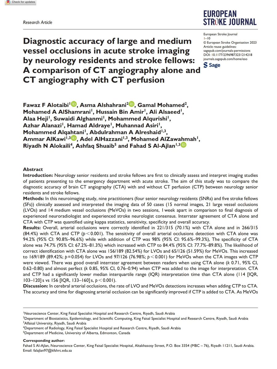 StrokeCliTrials's tweet photo. VERY INTERESTING STUDY!

https://t.co/aziP6rUXqp

Diagnostic accuracy of LVOs &amp; MeVOs in acute stroke imaging by neurology residents and stroke fellows: A comparison of CTA only vs CTA+CTP

WITH CTA+CTP: you are FASTER &amp; MORE ACCURATE :)

@ESOstroke
@drfawaz120
@AdelALHAZZANI https://t.co/qis8paCVzy