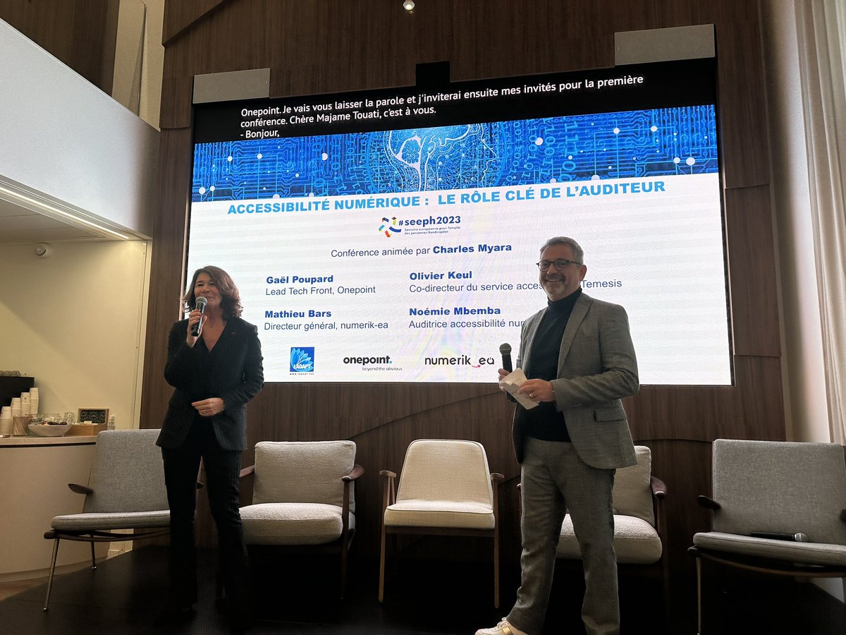 Ouverture de la matinée sur l’accessibilité numérique chez <a href="/onepoint/">Onepoint</a> avec <a href="/MurielTouaty/">Muriel Touaty</a> et <a href="/charlesmyara/">Charles Myara</a> 
Nous devons tous agir à notre niveau pour l’inclusion professionnelle des personnes porteuses de handicap !
<a href="/LADAPT/">SMERCH</a> <a href="/numerik_ea/">numerik-ea</a> <a href="/ReverteKarine/">karine reverte</a> #SEEPH2023