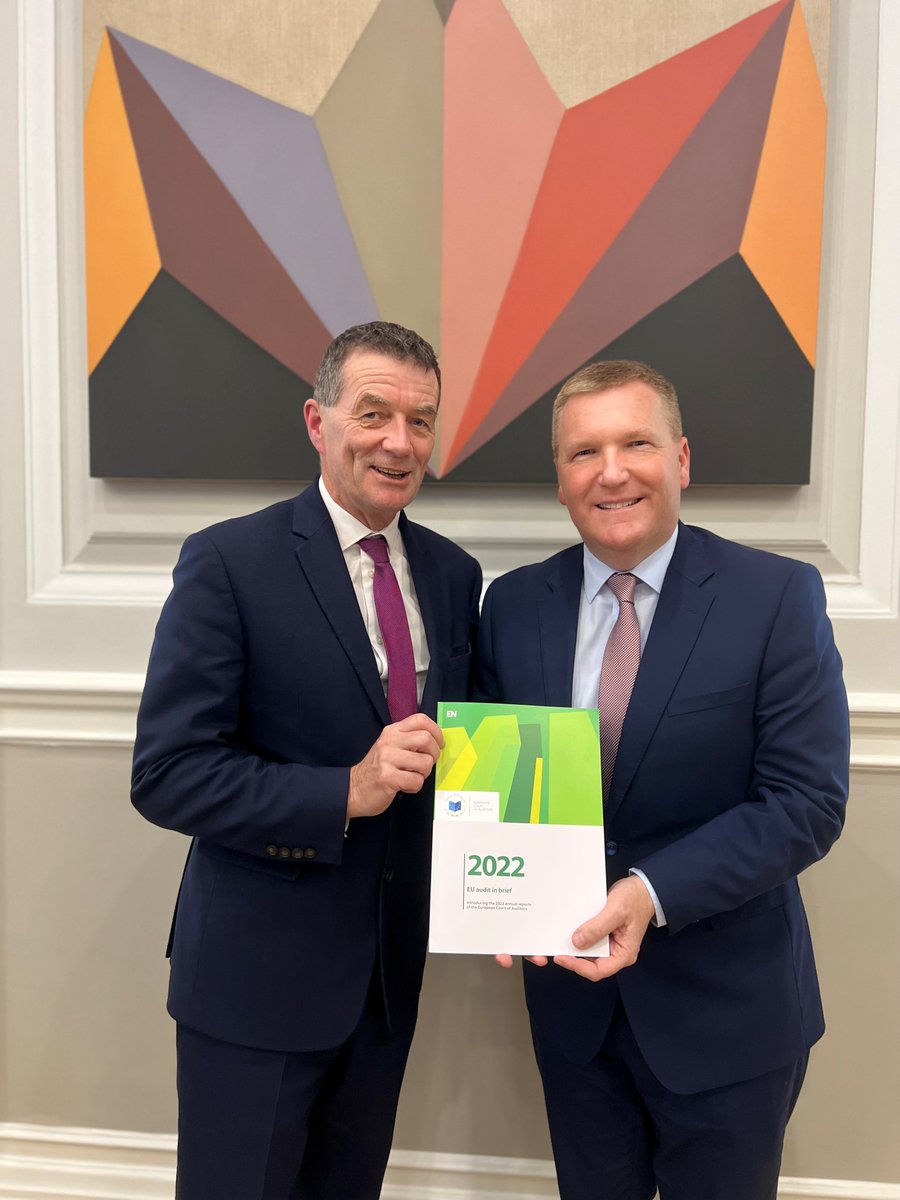 EUauditors's tweet photo. President @TonyMurphyECA is in #Ireland this week and, yesterday, met with Finance Minister @mmcgrathtd where discussions focused on the #EUaudit2022 absorption rate, the rise in error rate, #ownresources, BAR, and the future of #EUfunding. https://t.co/4DPyCrWcUi