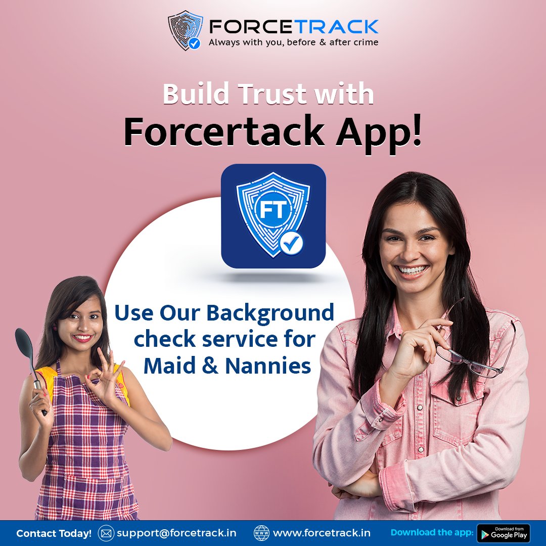 forcetrack's tweet image. Trust your home&apos;s safety with Forcetrack! Explore our Background Check service for reliable Maid &amp;amp; Nanny hires. 
Download Forcetrack App Now!
For more Information Login on- zurl.co/zLsH

#ForceTrack #SecureMonitoring #PoliceVerification #TrackingAndTracing #SafetyFirst