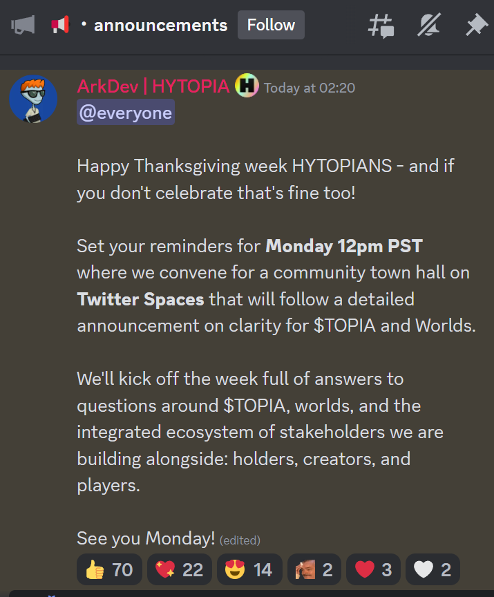 dan_spitzwieser's tweet photo. Prepare for a major reveal about HYTOPIA asset´s utility this coming Monday!

The full scope of HYTOPIA Worlds and the $TOPIA token's future will be disclosed in an extensive announcement.

That day, there will also be a live Spaces at 3 PM EST. 

It's a chance to delve into the specifics and clear up any questions from the community. The stage is set for an open and informative discussion.

We'll finally get a better understanding what the strategic vision for this ecosystem will look like.

Don't miss out on this Spaces session. Remember to mark it in your calendar and be part of the conversation.

Looking forward to Monday!