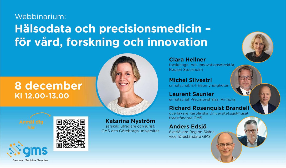 Vill du höra mer om vad utredningen Vidareanvändning av hälsodata för vård och klinisk forskning har kommit fram till och kommer ha för betydelse? Anmäl dig till vårt webbinarium den 8 dec: genomicmedicine.se/kalendarium/ha… #hälsodata #precisionsmedicin #vård #kliniskforskning