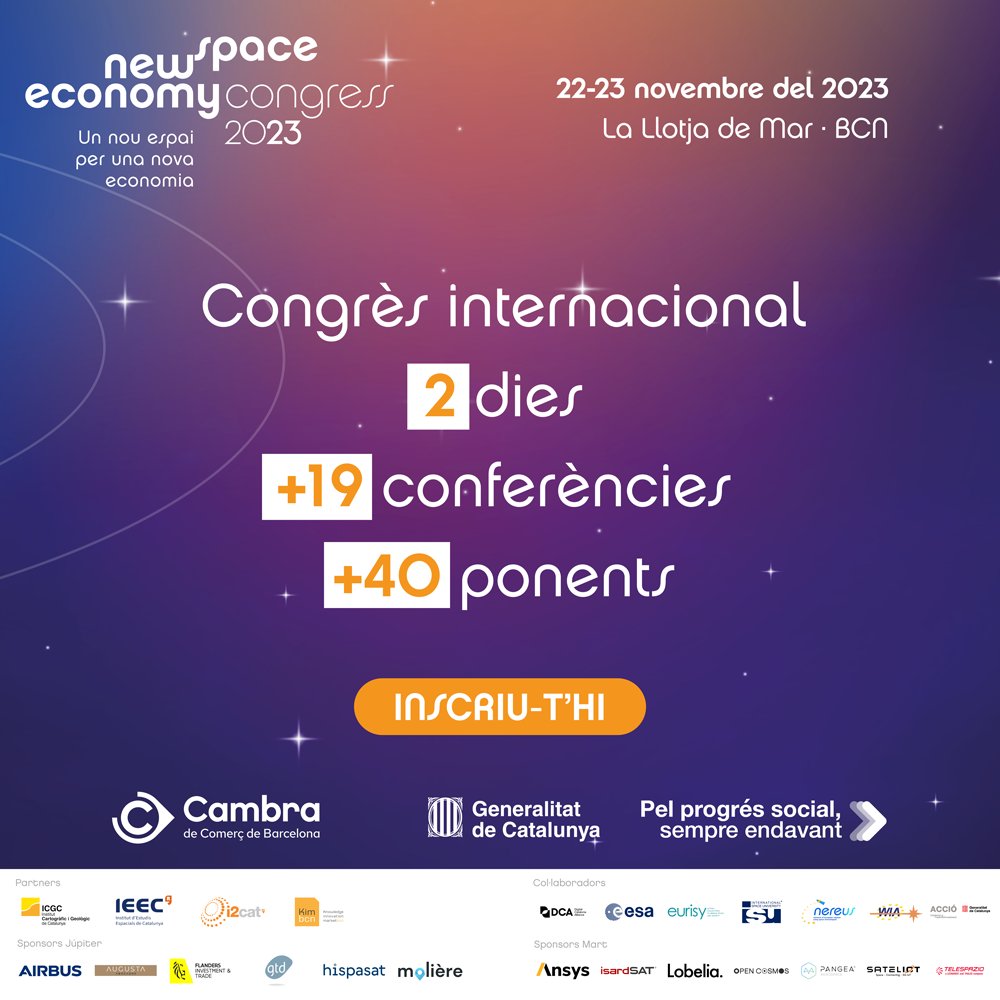 i2CAT's tweet image. 🌌 AVUI! 
🚀 Si treballes al sector espacial o hi tens interès, no et pots perdre el Congrés #NewSpace23 de Barcelona!
🛰️ Participa en l&apos;edició més internacional i coneix altres negocis amb els mateixos interessos!
🗣️ En Pol Guixé, director d’Innovació a #SpaceComms, modera la…