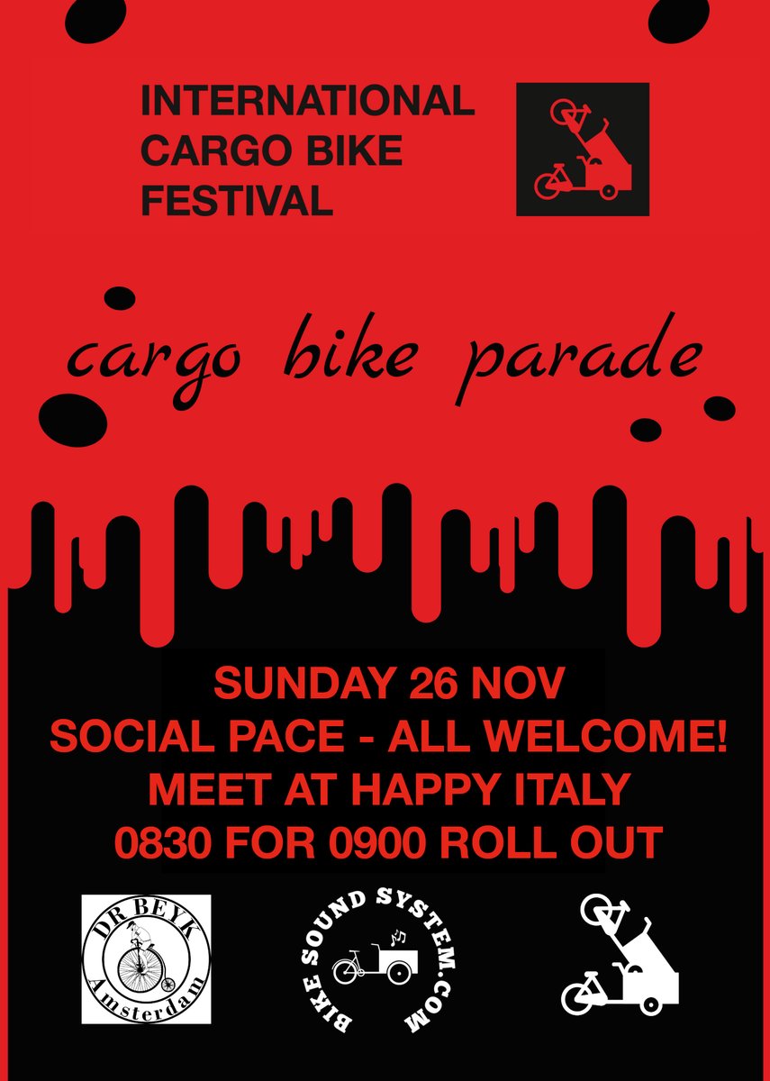 cargobikefest's tweet photo. 🎉A festival isn't a festival without a parade, right?

Join Bike Sound System + @DrBeyk's social ride past classic Amsterdam spots + ending at @cargobikefest .

Meet Sun 0830 for a 0900 roll out at Happy Italy, close to RAI.

Route🗺️https://t.co/ykm4OqedDj

#DecadeoftheCargoBike https://t.co/hQn5G7BueW