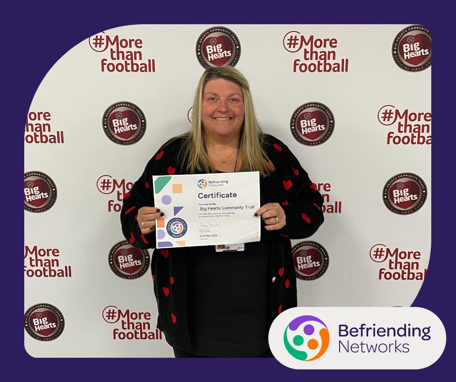 Congratulations to <a href="/bighearts/">Big Hearts</a> on completing the Quality in Befriending Award!

Here's Jane from the project celebrating their fantastic achievement (with a big hearts cardigan to match! ❤️)

Time to aim for Quality in Befriending Excellence next... 😉

befriending.co.uk/quality-award/