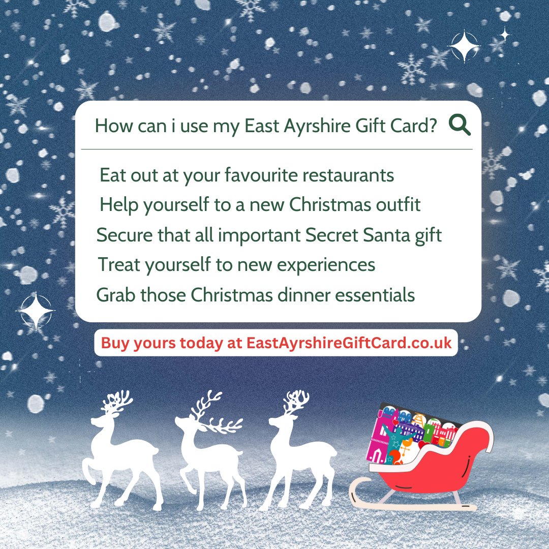 Give the gift of choice!🎁 ✨  With so many different ways to use the East Ayrshire Gift Card, how would you spend yours this Christmas?🤔  Share your ideas below and spread some festive cheer! 🌟 🛍️ 

Buy yours today at orlo.uk/EAGiftcard_Wfr…  ✨ 

#ShopLocal #EAGiftcard