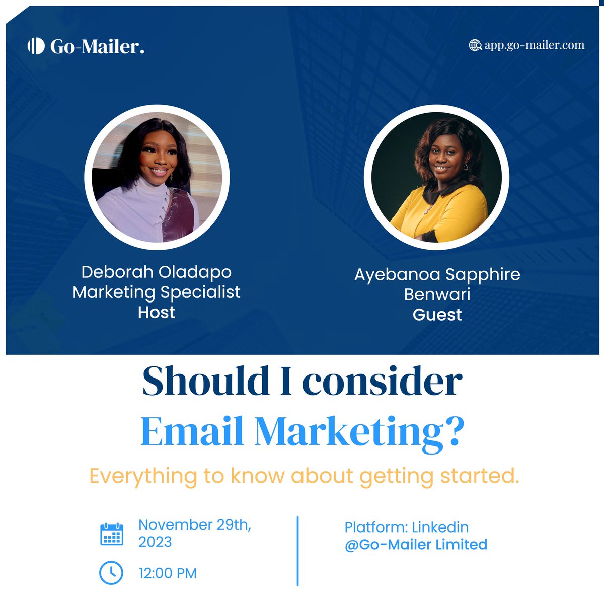 gomailer_ltd's tweet photo. Our guest, Dr. Ayebanoa Sapphire Benwari is a medical doctor who doubles as an email copywriter and marketer.
Join us as we discuss everything e-mail marketing and how to get started
.
#email
#digitalmarketing
#emailplatform
#emailmarketing
#marketingdigital
#martech https://t.co/y3pm4s4Eni