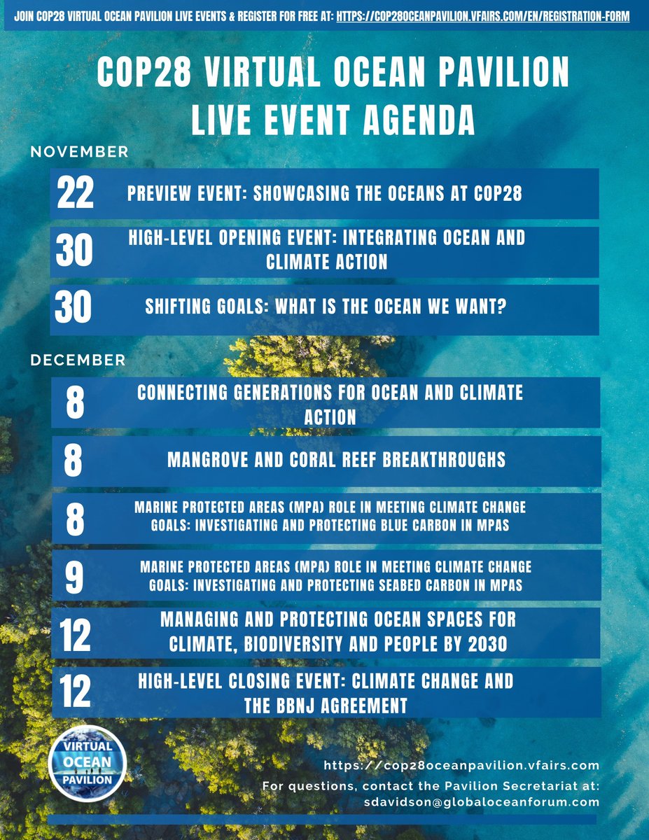 Today is the day! The #COP28 #VirtualOceanPavilion is now open! And here is the live agenda 👇🤩 Don't miss out, register here: cop28oceanpavilion.vfairs.com ⏰Don't miss the preview event today, taking place at 4pm - 5pm GST (GMT+4).