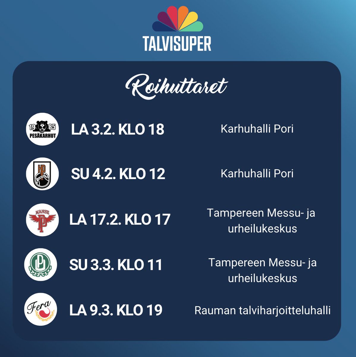 ❄️Talvisuper 2024 otteluohjelma on julkaistu! ❄️
Roihuttaret avaavat Talvisuperin viime kauden mestaria, Pesäkarhuja vastaan.
Lue lisää!

roihu.fi/ajankohtaista-…

#pesis #talvisuper #roihuttaret