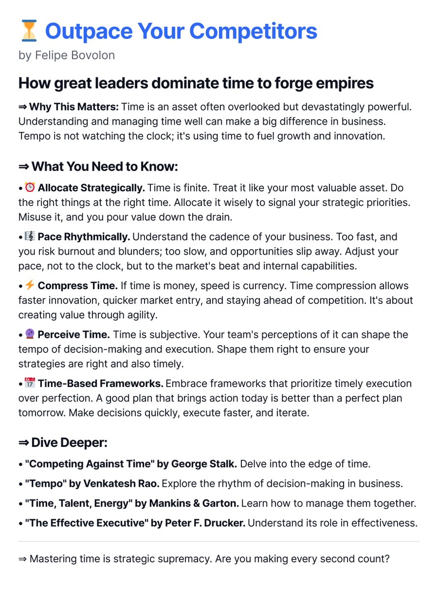 ⏳ Outpacing Competitors: How great leaders dominate time to forge business empires

#BusinessStrategy #BusinessMastery #TimeIsMoney #CompetitiveAdvantage #CEOStrategy #InnovationAcceleration #MarketLeadership #StrategicTiming #CorporateInnovation #CorporateRhythm