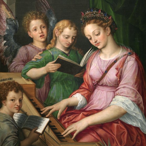ICCMU's tweet image. En el ICCMU somos muy #devotos de Santa Cecilia 🤲🏼

#SantaCecilia se asocia desde el s. XV a la #música.  Aquí aparece tocando el clavicordio. Tres ángeles cantores acompañan a la santa.  Óleo sobre lienzo de M. Coxcie, 1569, obra no expuesta del @museodelprado