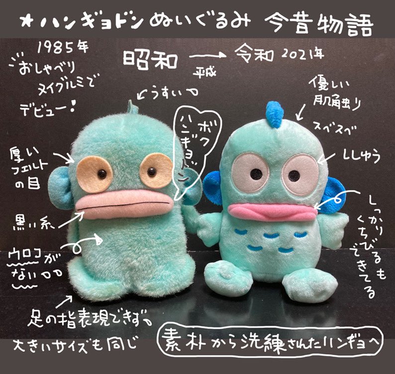 レトロハンギョドン 38年前のぬいぐるみと比較。なんて今は丁寧な作り