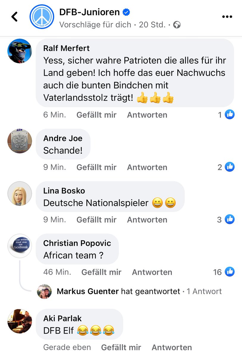 Die U17 zieht ins WM-Viertelfinale ein und in den Kommentare gibt es Rassismus in Minutentakt, den Jungs, die auf den Siegtorschützen zeigen, wird auch noch der IS-Gruß unterstellt. Ich schäme mich in Grund und Boden für dieses Land. 

Bitte moderieren <a href="/DFB/">DFB (Verband)</a>!