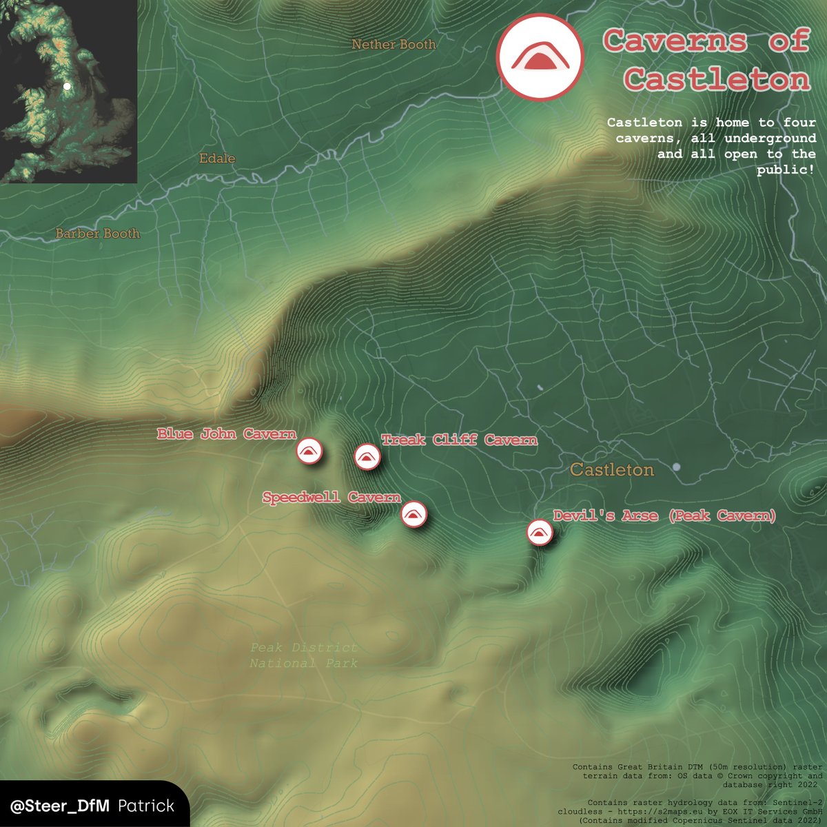 Day 21: Raster #30DayMapChallenge 

Keeping with the mountainous theme, here's Patrick's summer trip mapped out of the underground caverns located within the village of Castleton in the Peak District National Park.  The map uses GB terrain Tiff file and hydrology from Sentinel-2.