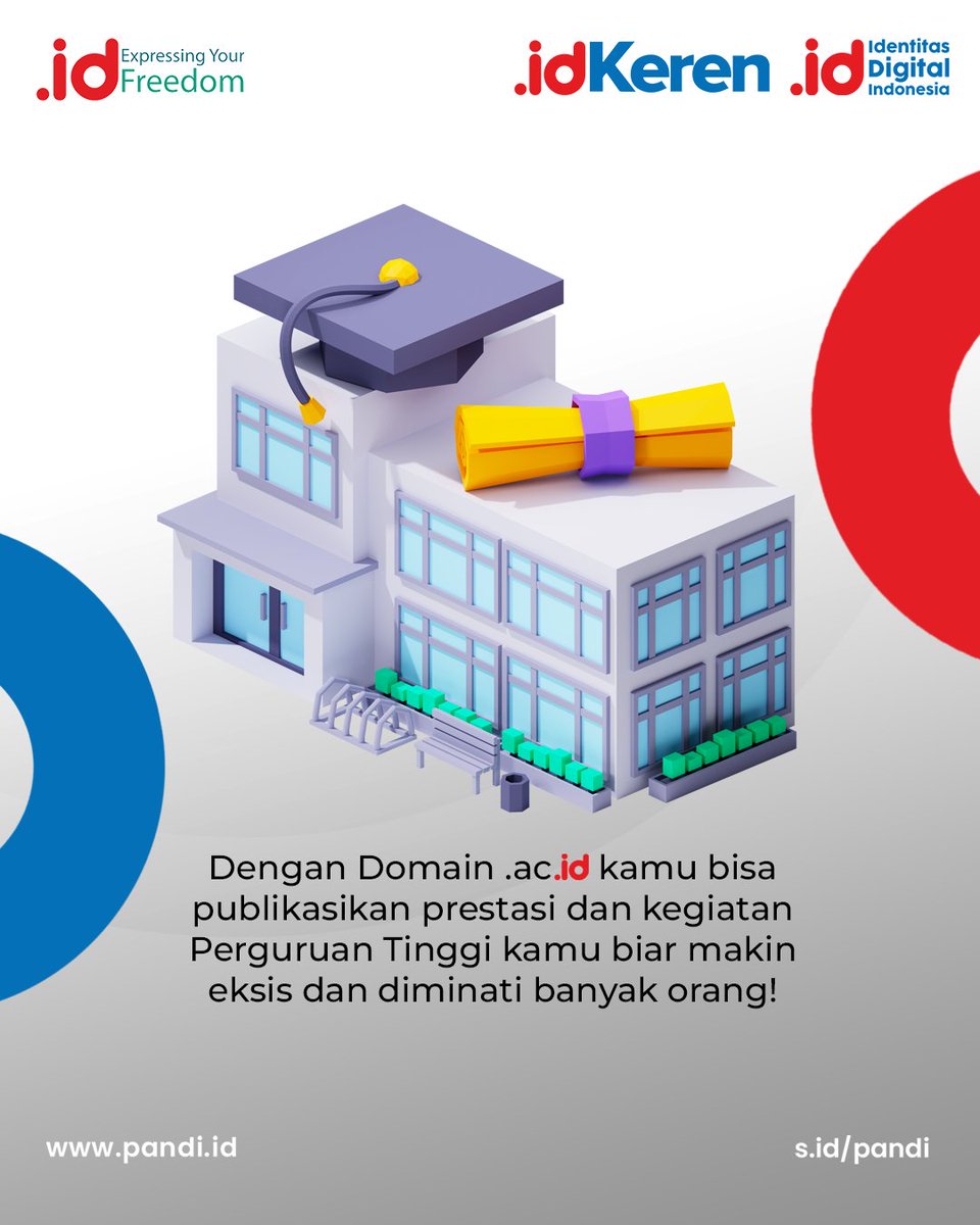 Pandi_ID's tweet image. Maksimalkan daya tarik Perguruan Tinggimu! Ciptakan website resmi dengan domain .ac.id untuk mempublikasikan prestasi dan kegiatan yang membuat Perguruan Tinggimu semakin eksis dan diminati oleh banyak orang! 🎓

#PANDI
#PANDIID
#DomainID
#IdentitasBangsa
#DomainIndonesia
#Domain