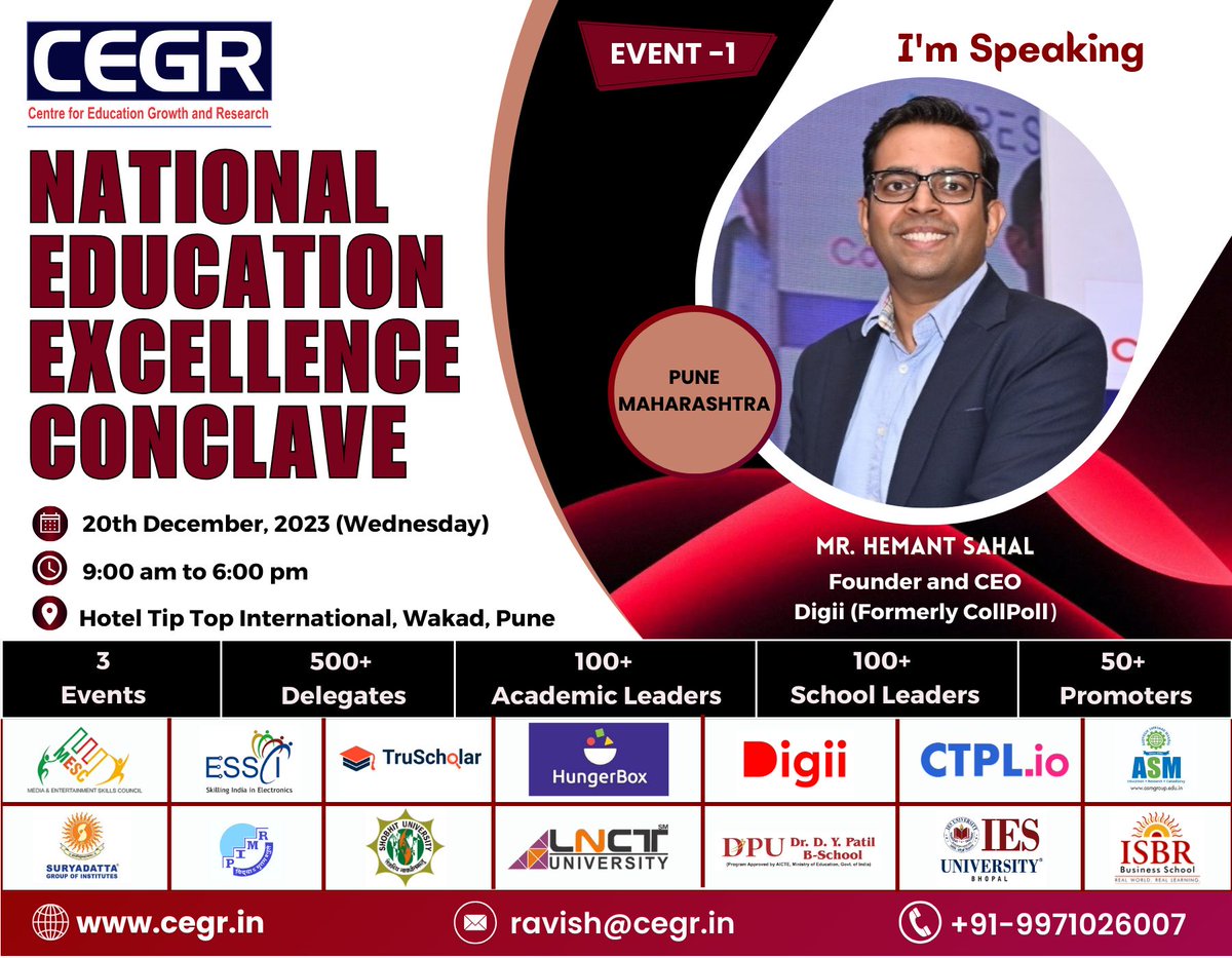 Elated to share that our Founder and CEO, Hemant Sahal, along with other eminent leaders, will share his valuable thoughts and insights at the National Education Excellence Conclave organised by CEGR India. #GoDigii 🚀

#CEGR #CEGRIndia #CEGRLeads #digiicampus #summit2023