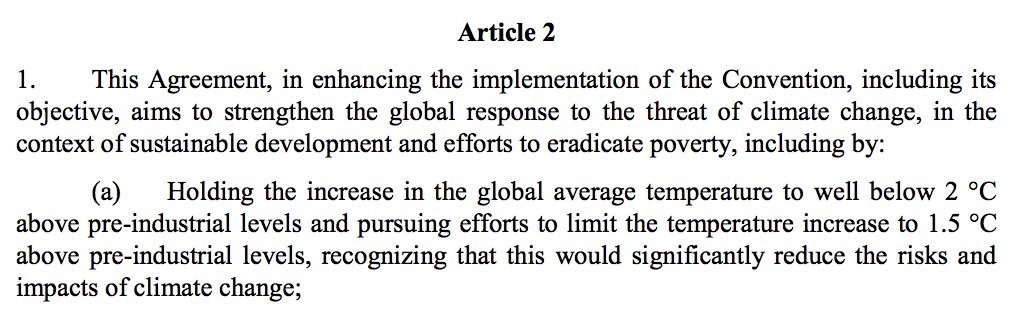 The #ParisAgreement's Article 2 sets a long-term goal to limit warming well below 2C while pursuing to limit it to 1.5C.
This reflects a firm commitment to hold warming permanently well below 2C, and aim to keep it as close as possible and preferably below 1.5C. (2)