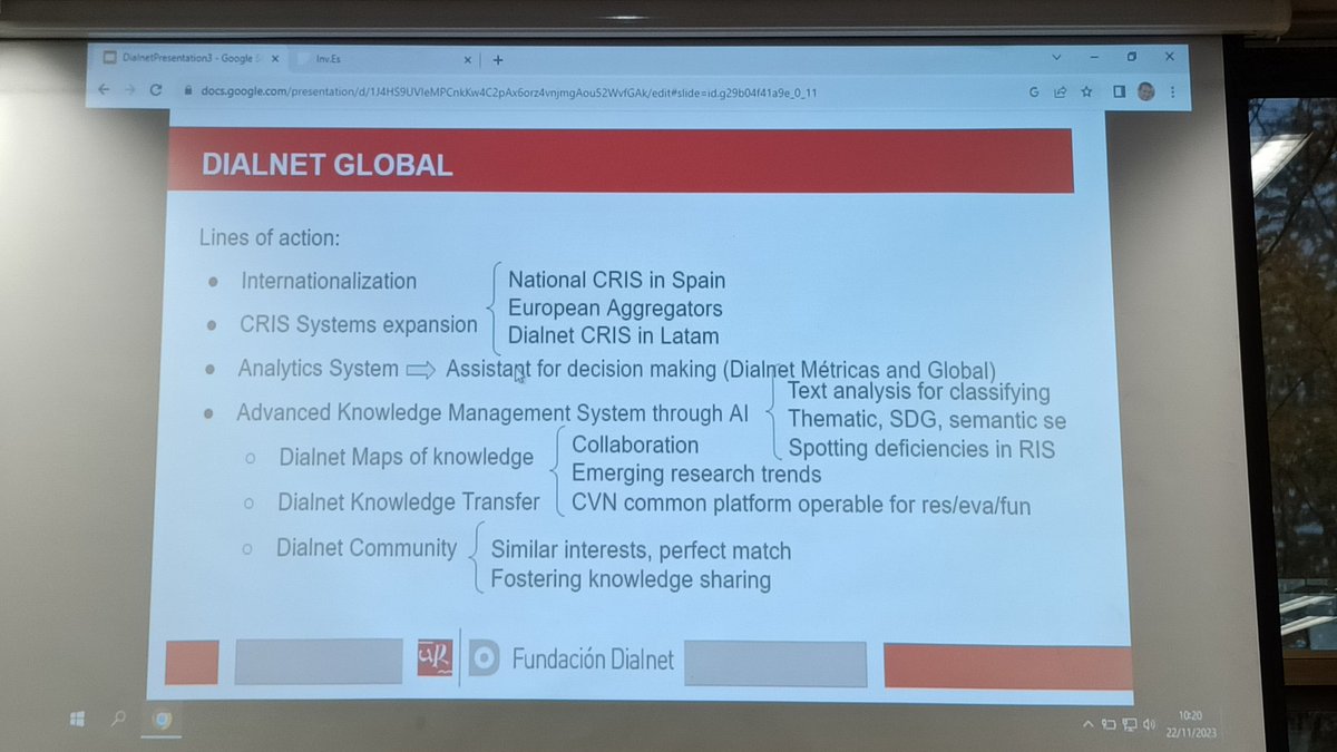 pmarrai's tweet photo. @ResearchOrgs @euroCRIS_Org Dialnet's lines of action presented at @euroCRIS_Org #SMM2023Pamplona
Good to see bridges with Latam being built. #languagemanagement https://t.co/eVKqUt8IPs