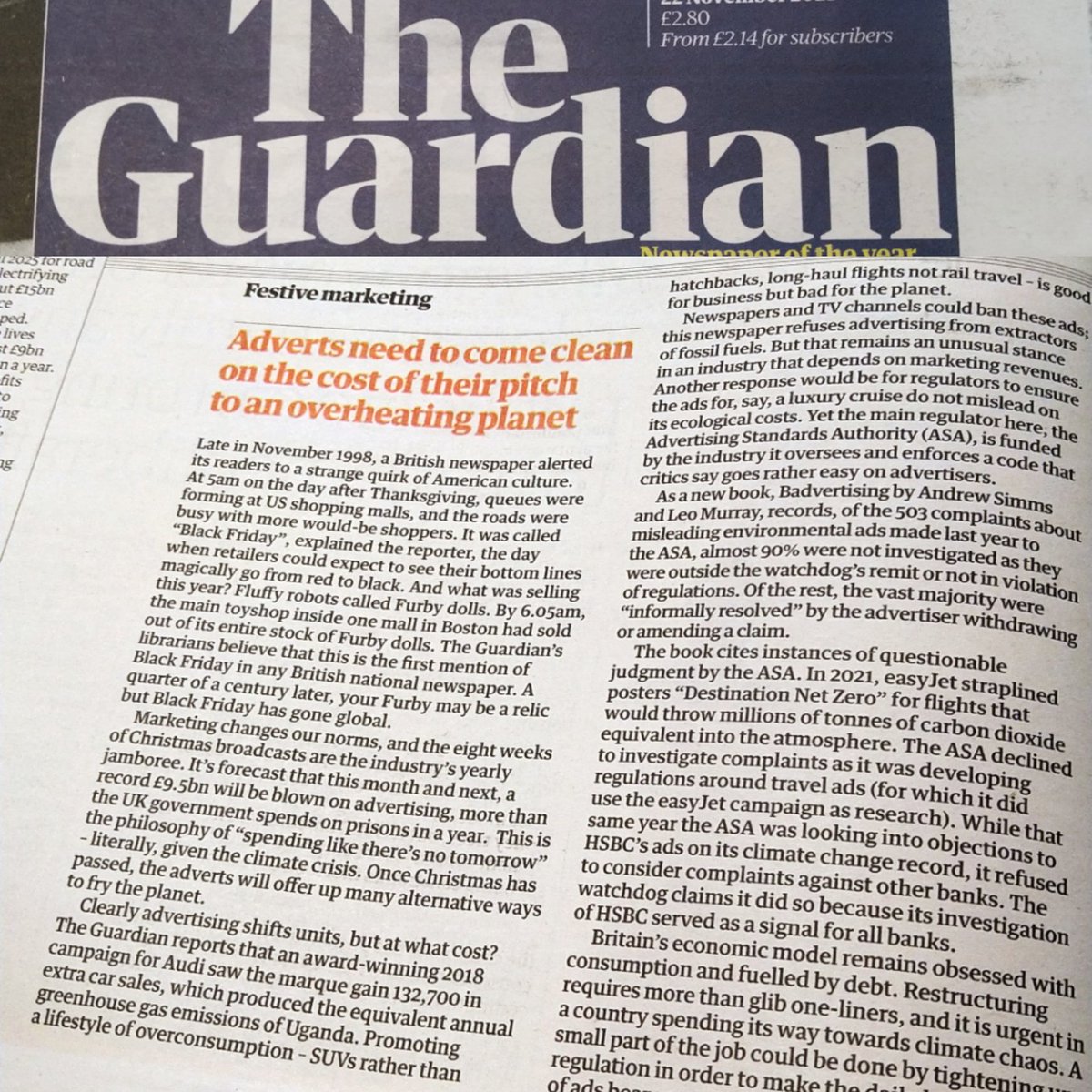 Nice when publication of your book, #Badvertising, is used by a national newspaper to take a position against promoting planet killing consumerism 🙃

Book 👉🏻 plutobooks.com/9780745349145/…
